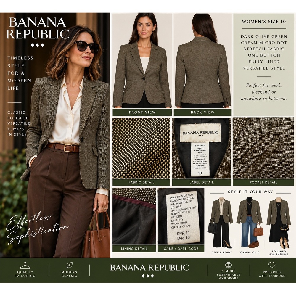 Banana Republic Blazer Women 10 Dark Olive Green Micro Dot Stretch One Button
